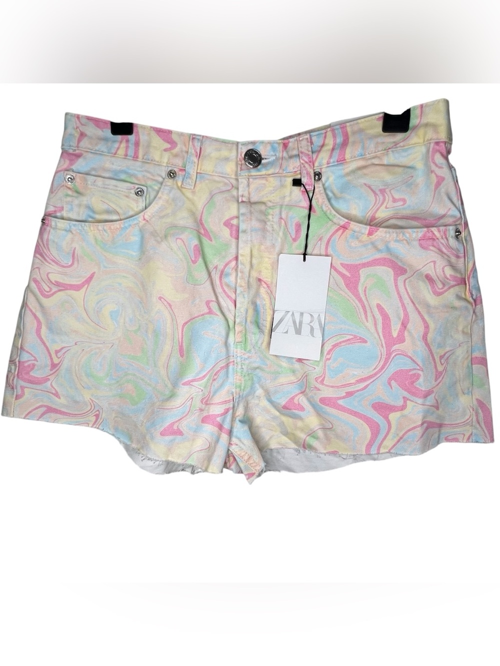 New Zara Pastel Swirl Multicolored Y2K, Candycore Denim Women’s Shorts Sz 10